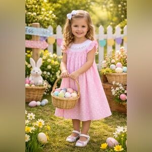 5T - NOLA SMOCKED - Girls Pink Smocked Easter Dress with White Trim